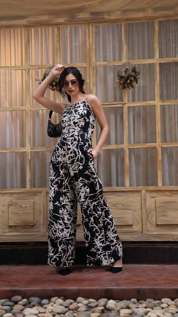 Party Wear Black and White Linen Jumpsuit — Western Era