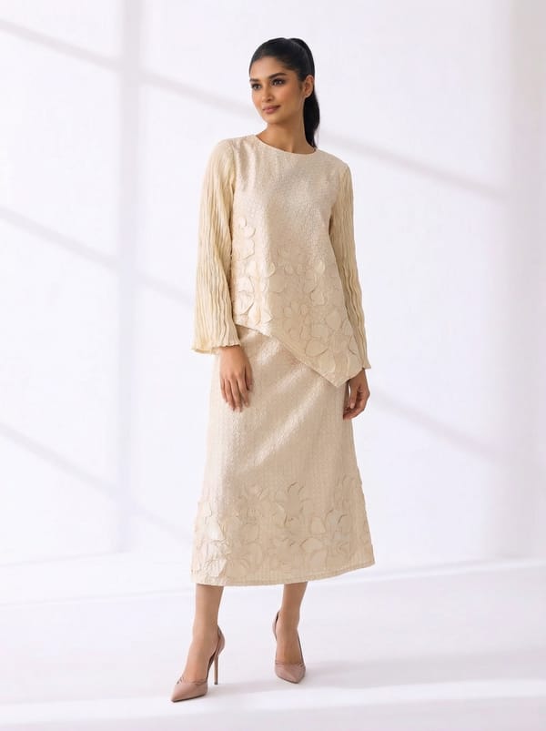 Ivory Textured Top and Midi Skirt Co-ord Set — Pleats by Aruni