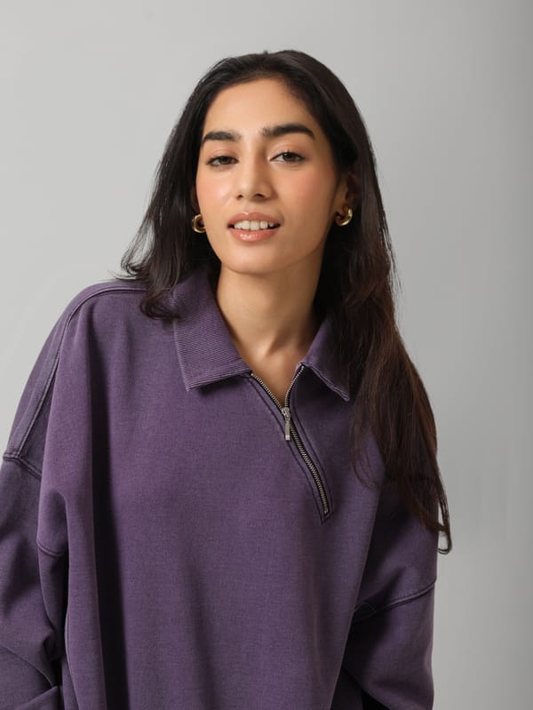 Plum Cotton Terry Diagonal Zip-Neck Polo Sweatshirt — Necesera