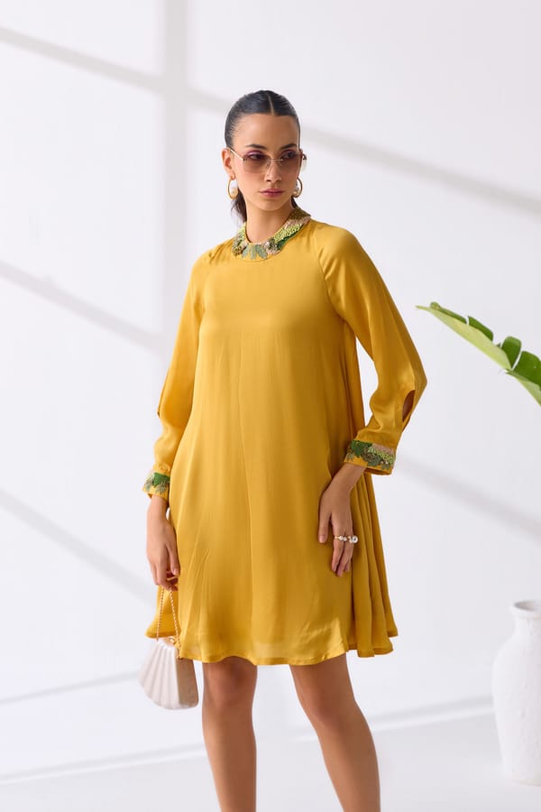 Ochre Satin Knee-Length Shift Dress with Embroidered Collar — Our Love