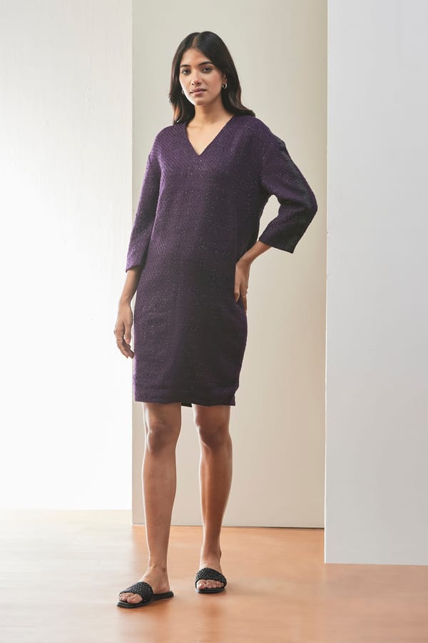 Aubergine Lurex Shimmer Shift Dress with V-Neck — Genes Lecoanet Hemant