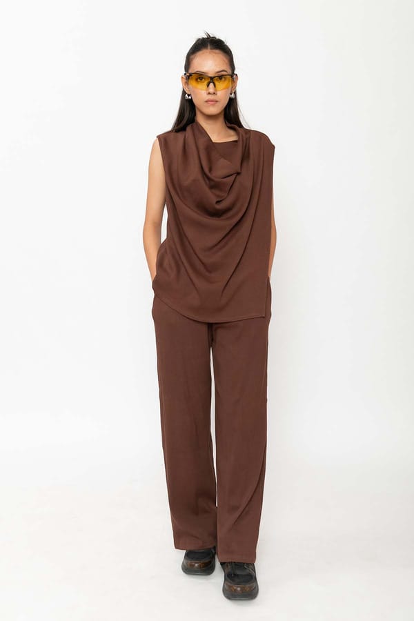 Brown Cowl Neck Top and Wide-Leg Trouser Co-ord Set — Contemponari