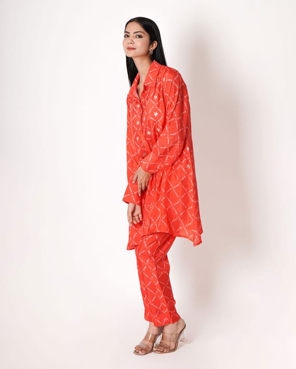 Red Orange Bandhani Gota Work Bemberg Silk — Kameez