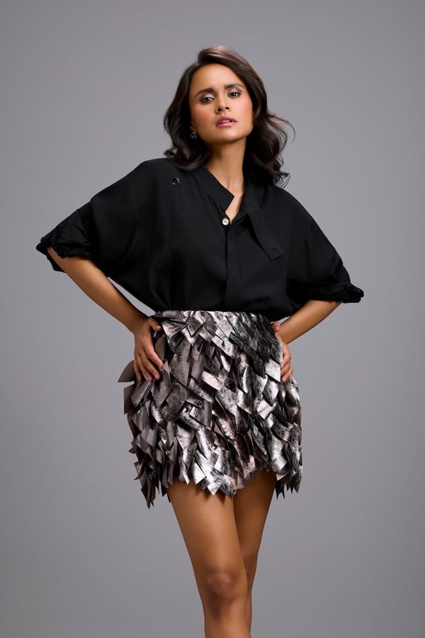Metallic Mini Skirt with 3D Leaf Applique — Deepika Arora