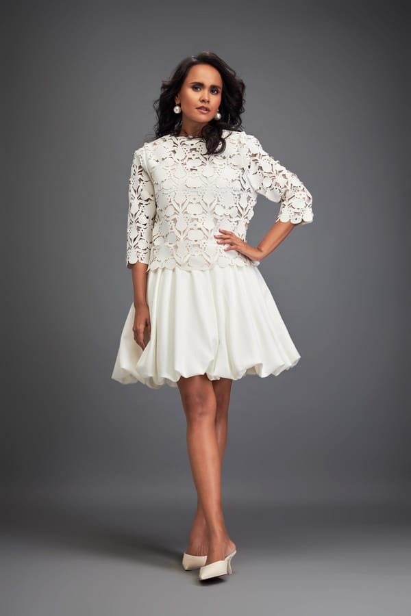 Floral-Cut Velvet Bubble Dress with Voluminous Bottom — Deepika Arora