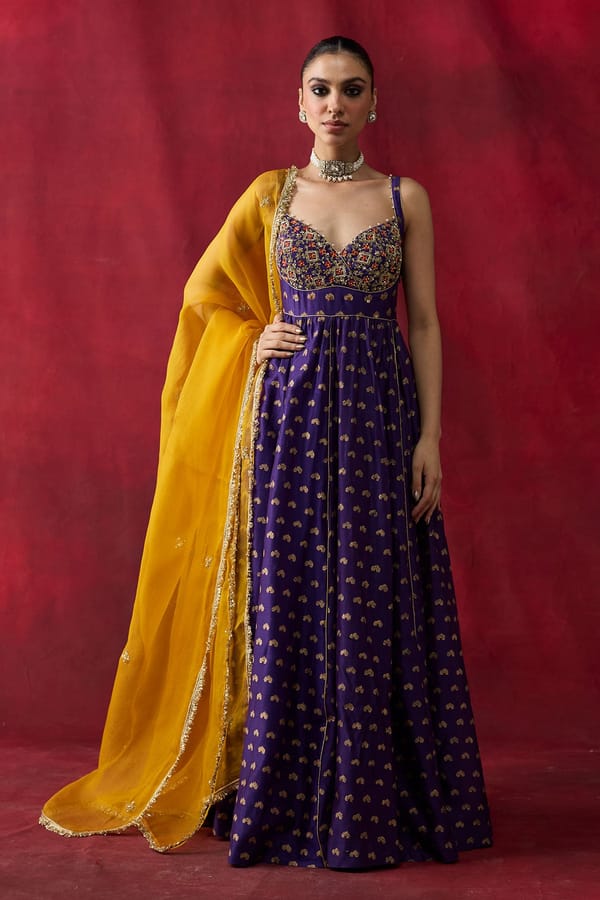 Purple Block Print Embroidered Anarkali Kurta Set — Shikha Mehta