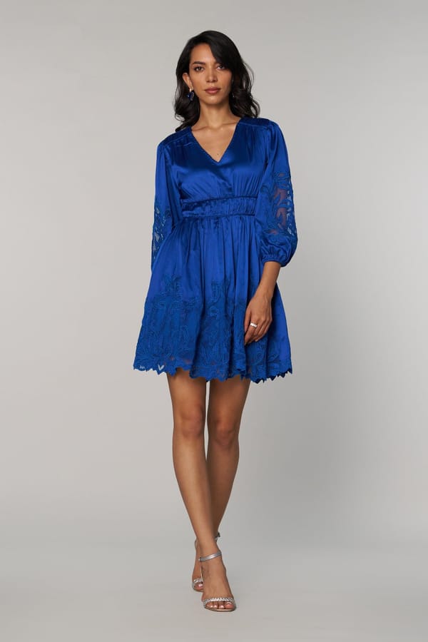Blue Satin Fit and Flare Mini Dress with Lace Cutwork — Style Island