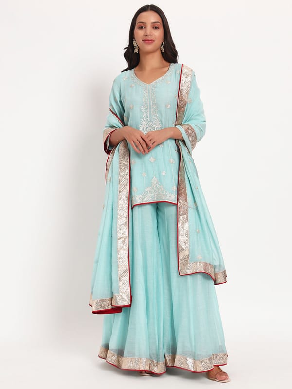 Aqua Mal Chanderi Embroidered Kurta Sharara Set — Gotta Kinari