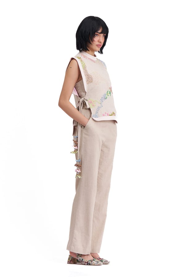 Natural Cotton Linen 3-Piece Co-ord Set with Embroidered Overlay — Our Love