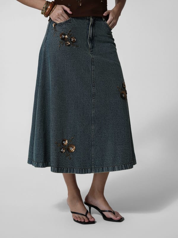 Beaded Vintage-Wash Denim Maxi Skirt — The Clothing Factory