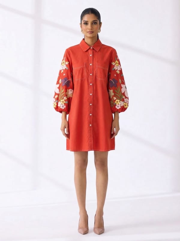 Orange Mini Shirt Dress with Floral Sleeve Detail — RUCHIKA MALLIKA LABEL
