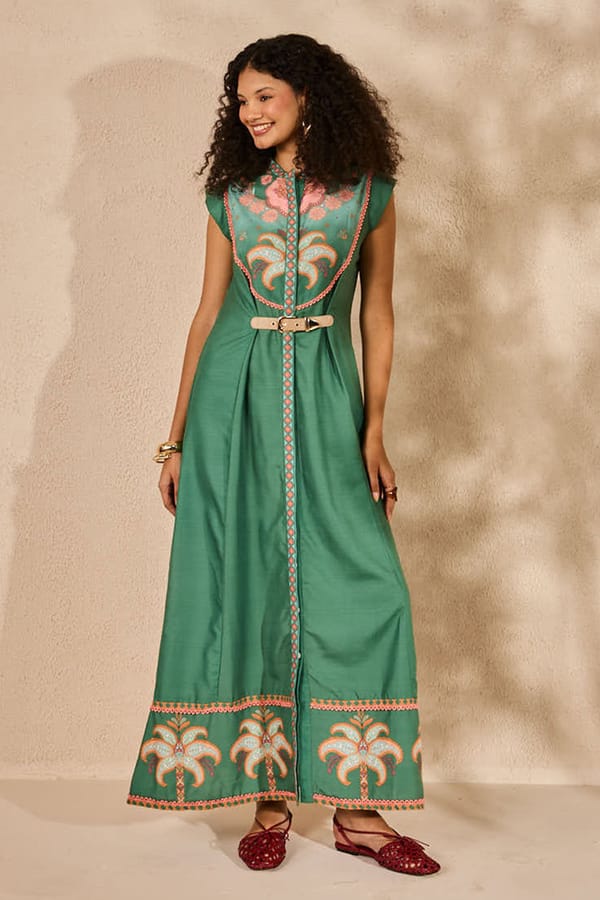 Green Placement Print Fit and Flare Maxi Dress — Sttavoss