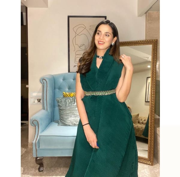 Green Pleated Georgette Maxi Gown with Embroidered Belt — The Grey Dot