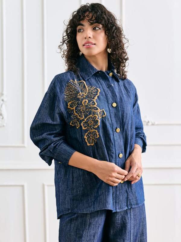 Blue Denim Shirt with Floral Shoulder Embroidery — Style Island