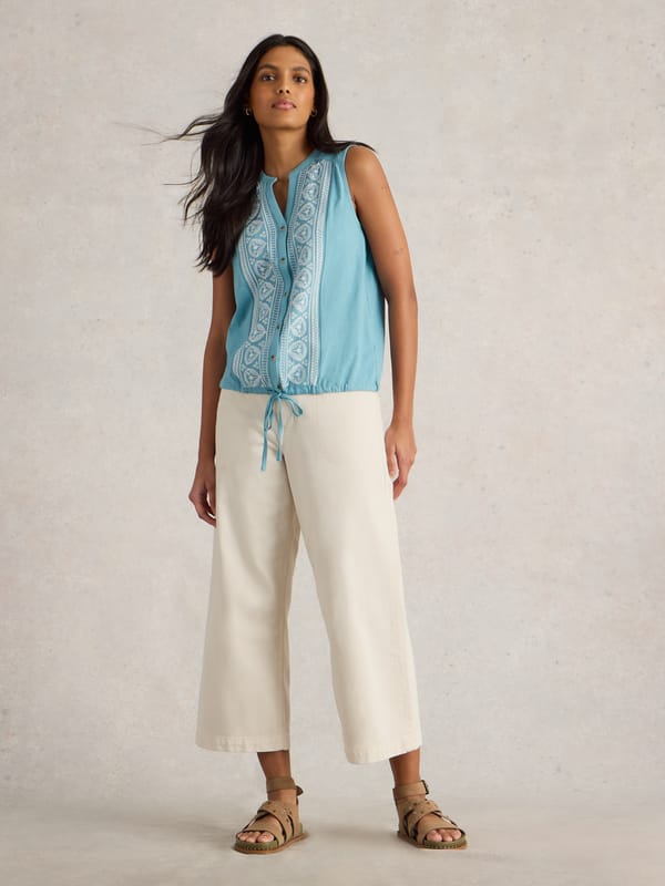 Mid Blue Sleeveless Embroidered Shirt with Hem Tie — White Stuff