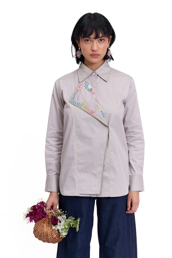 Cloud Grey Cotton Twill Embroidered Flap-Panel Shirt — Our Love