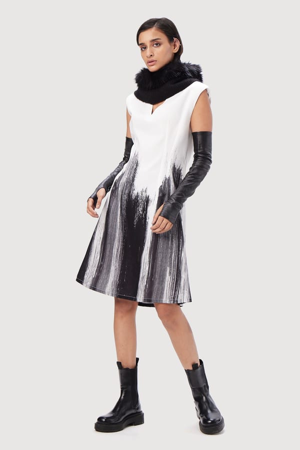 White V-Neck Sleeveless Fit and Flare Dress with Abstract Print — Genes Lecoanet Hemant