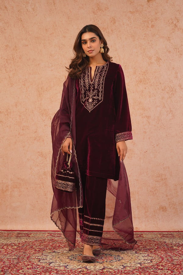 Wine Velvet Embroidered Straight Kurta Set with Dupatta — INCHING INDIA
