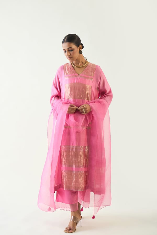 Mira: Silk stripe tissue Choga set-With Dupatta — SHIVANI BHARGAVA