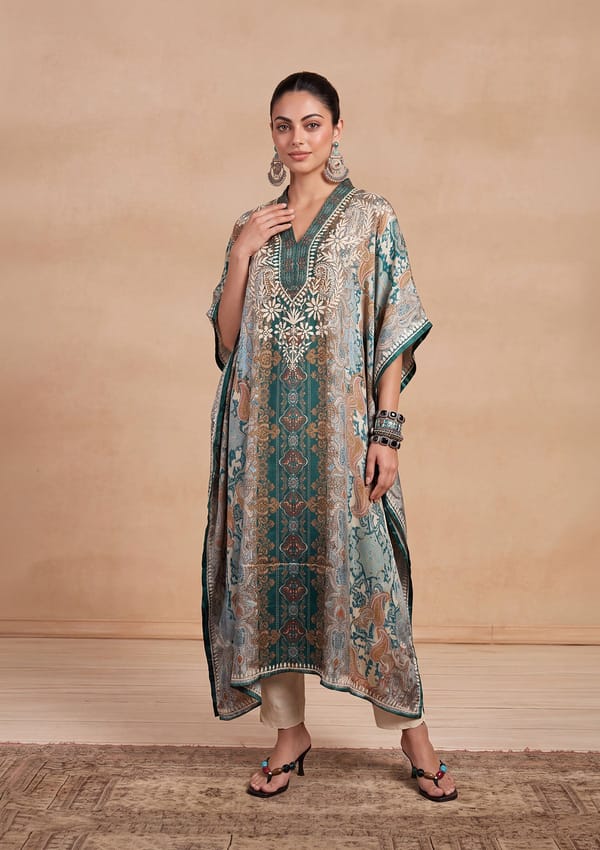 Chikankari Printed Women'S Kaftan -Green — House Of Chikankari