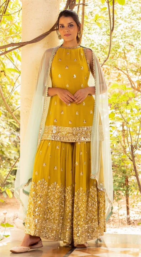 Lime Green Sequin Kurta Sharara Set with Net Dupatta — Basanti Kapde aur Koffee