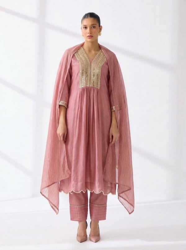 Dusty Pink Coin Work Kurta Pant Set — Gulabik