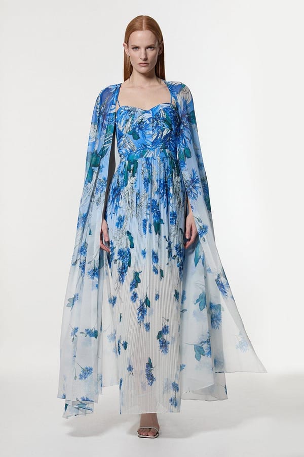 Blue Floral Cape Overlay Maxi Dress — KAREN MILLEN