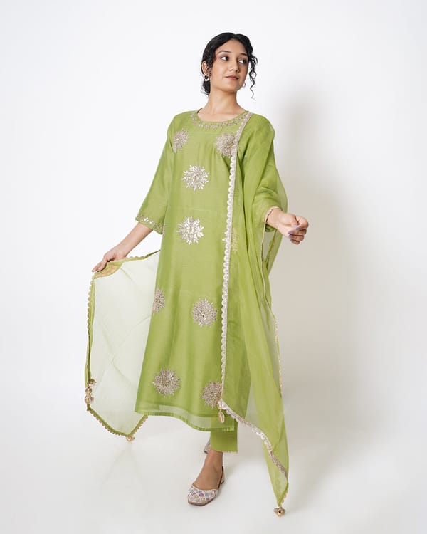 Olive Dream Floral Gota Work Chanderi Suit Set — Kameez