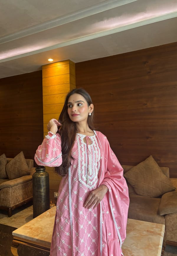 Pink Pure Cotton Embroidered Straight Kurta Set with Dupatta — NARAYANI VASTRA