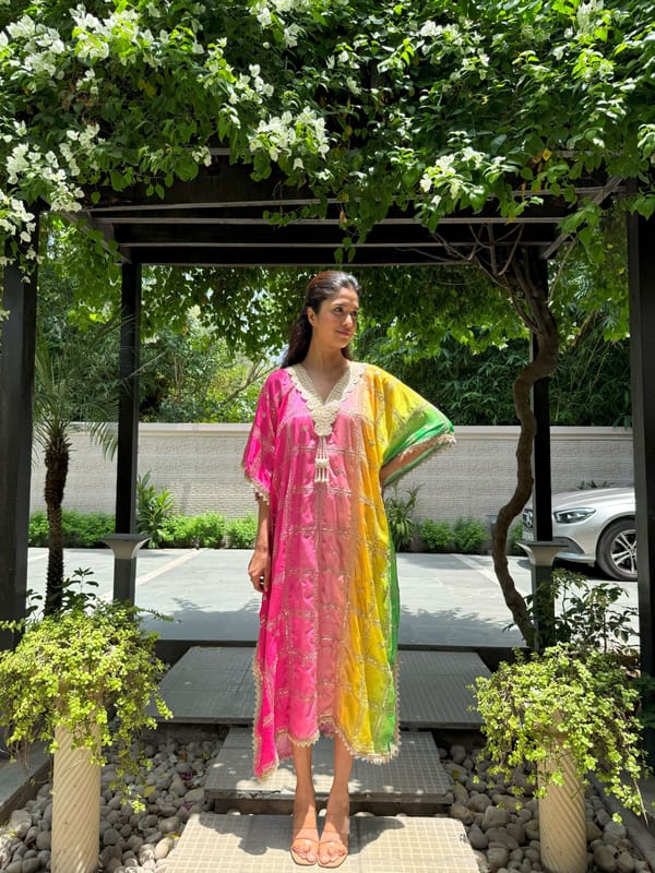 Pink Yellow Green Ombre Sequin Brocade Silk Kaftan — TASUVURE
