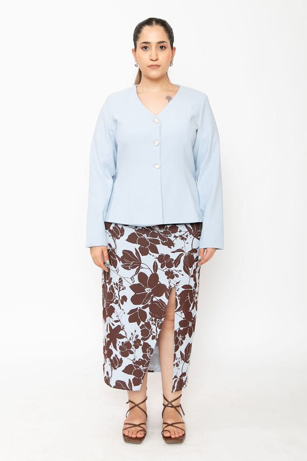 Blue Blazer and Floral Midi Skirt Co-ord Set — Contemponari