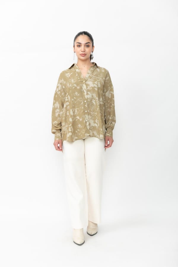 Green Botanical Print Oversized Crepe Shirt — Contemponari