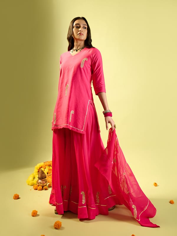 Pink Keri Butta Kurta Palazzo With Jaal Dupatta — KOMAL SHAH