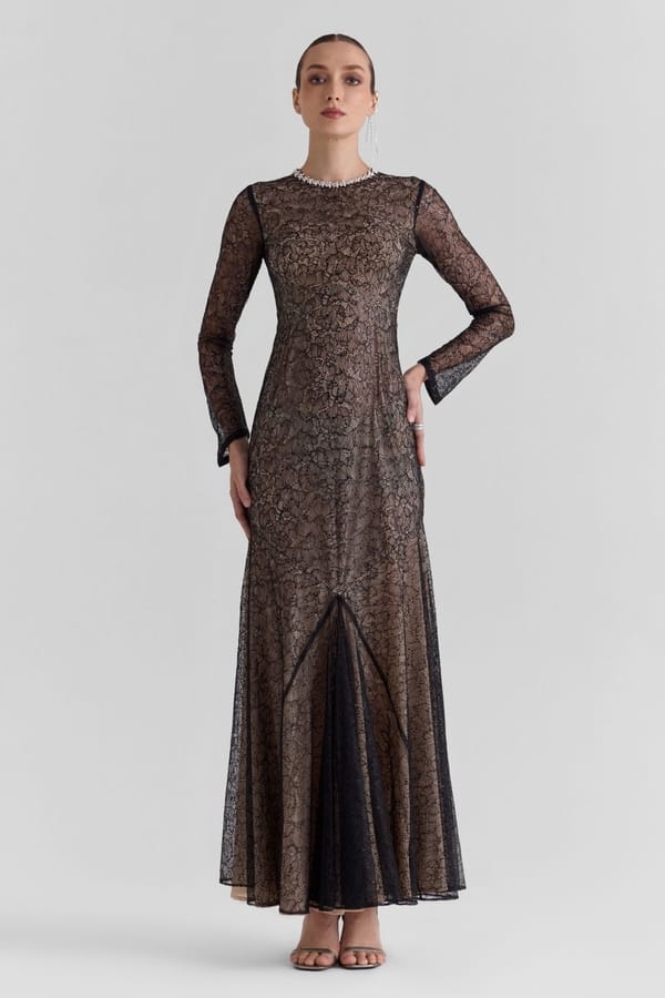 Black Lace Fit and Flare Maxi Dress with Full Sleeves — Zabella