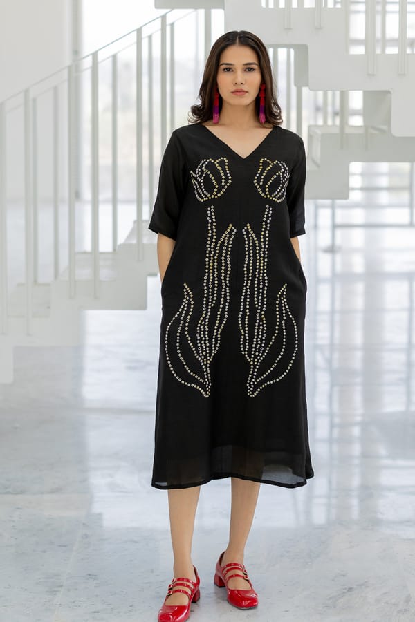 Black Bandhani Floral Midi Dress with V-Neck — Silai studio