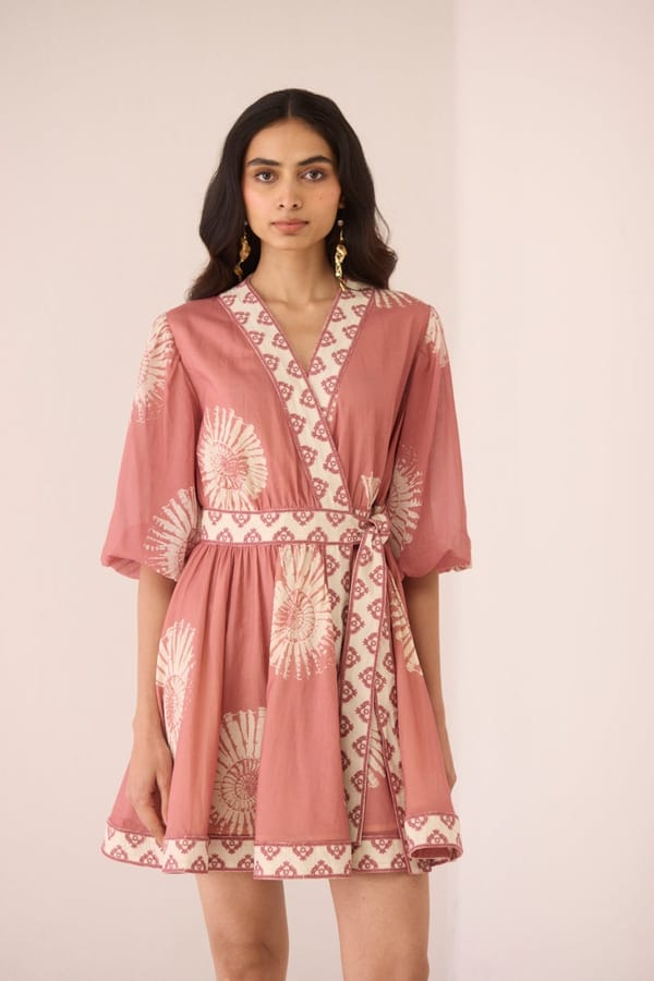 Nautilus Rose Cotton Wrap Mini Dress with Shell Print — Calling June