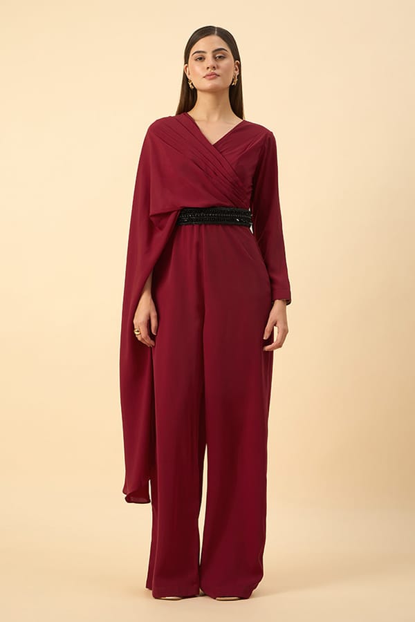 Pleated Draped Jumpsuit With Crystal Belt — Aakaar