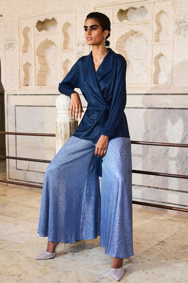 Blue Metallic Flared Wide-Leg Trousers — Dash and Dot
