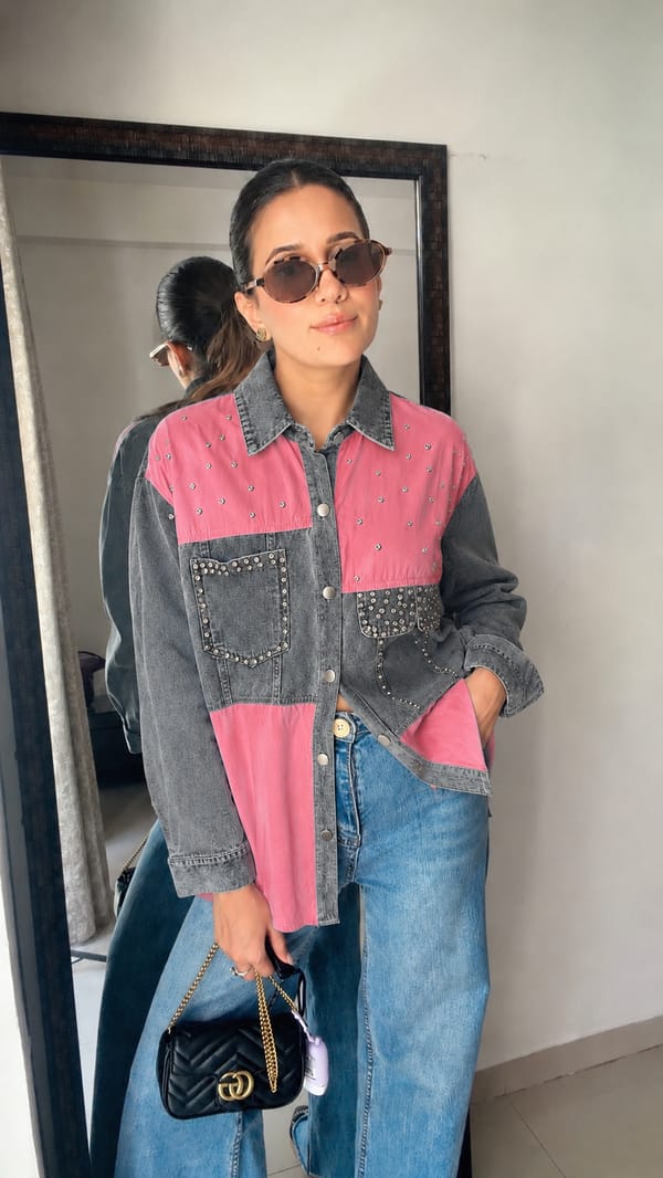 Studded Denim Contrast Statement Shirt — CLOSET AFFAIR