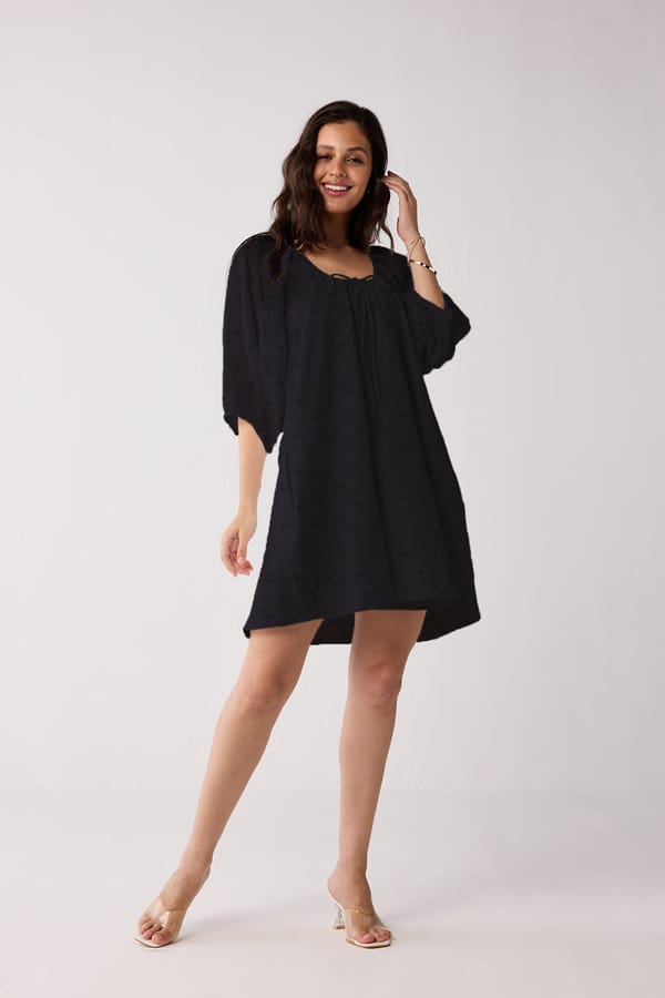 Puff Sleeved Dress with Drawstring Neckline — REISTOR