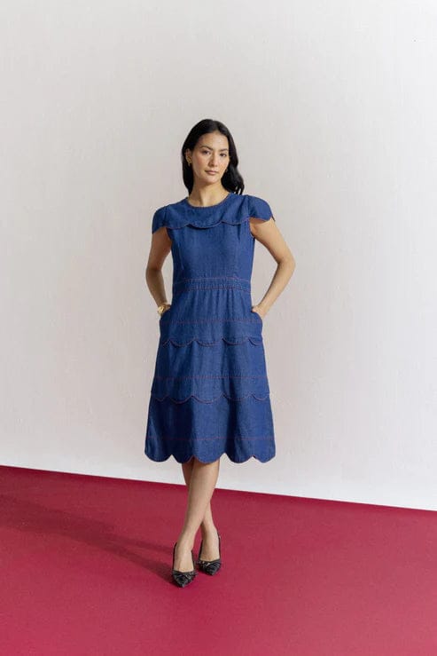 Blue Denim Fit and Flare Scallop Knee-Length Dress — Designs by Queen Bee