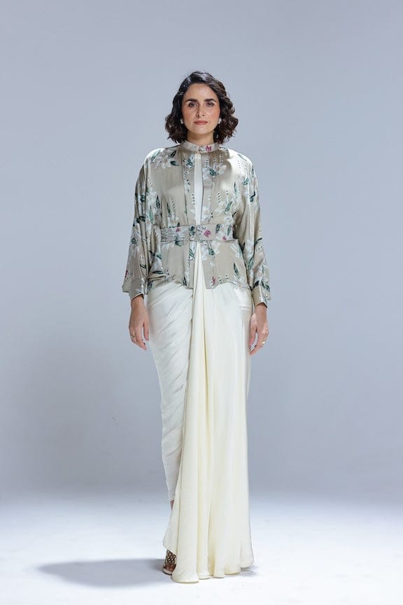 Ivory Floral Draped Maxi Gown with Embellished Belt — STUDIO SURBHI