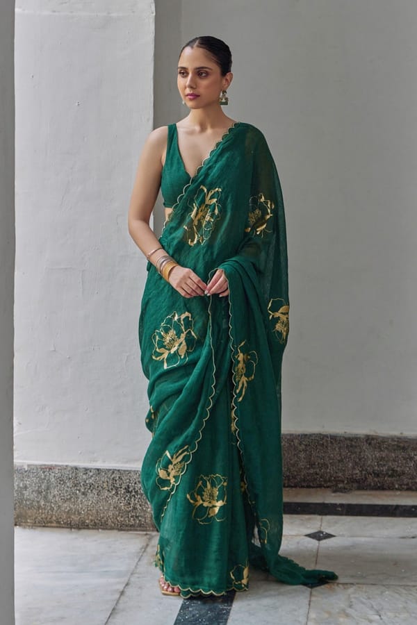 Green Linen Gauze Saree with Gold Floral Motifs — YELL