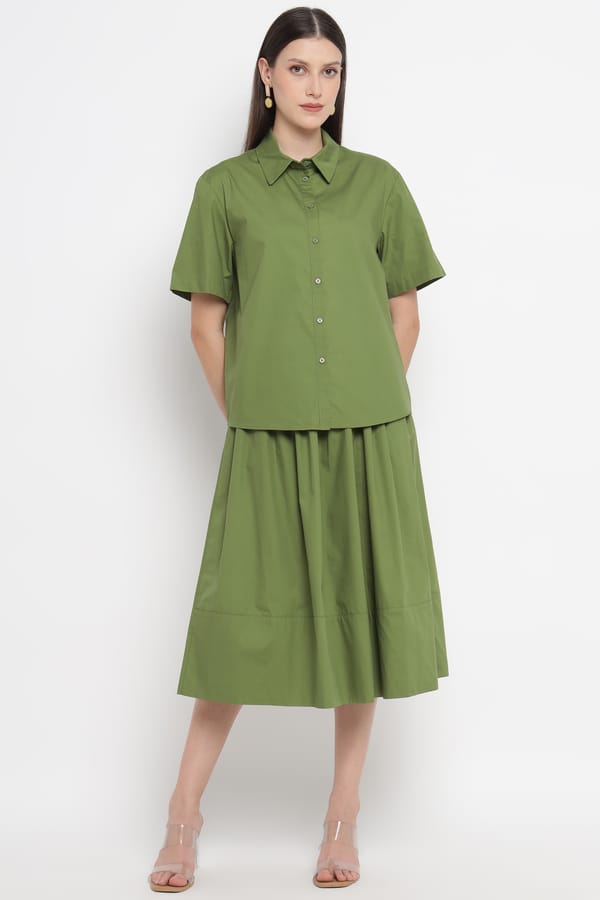Olive Green High-Waist Tiered Midi Skirt — SILVIAN HEACH