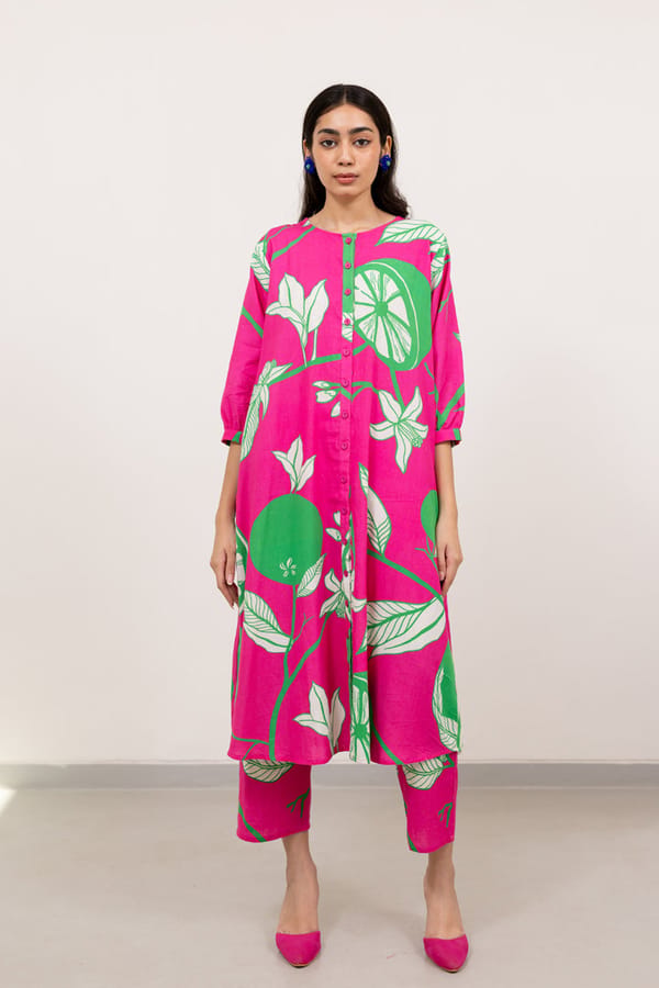 Pink Green Tropical Printed Button-Down Kurta Set — Silai studio