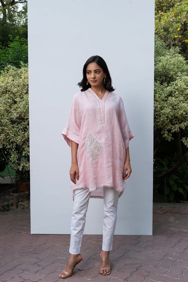 Pink Linen V-Neck Embroidered Kaftan Kurta — Omi Clothing