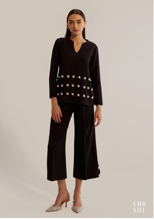 Black Crepe Pearl-Embellished Co-ord Set — AMOSHI