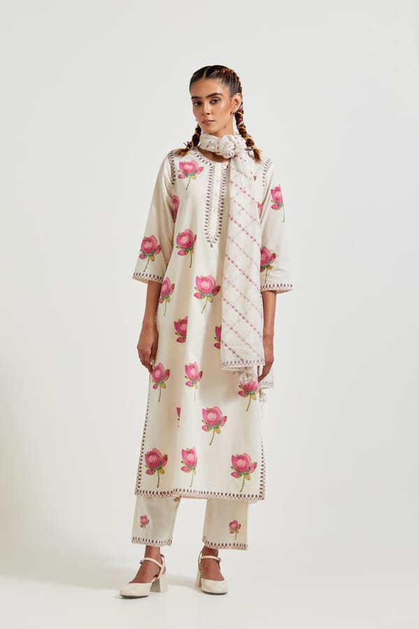 Off White/Pink Lotus Block Print Cotton Kurta Set — Upavita