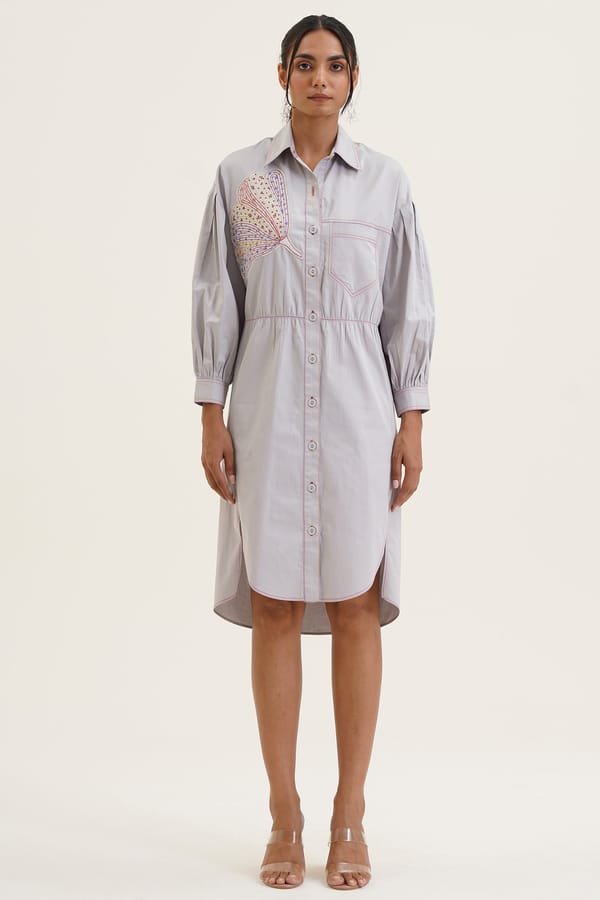 Grey Cotton Shirt Dress with Embroidered Patchwork — STITCH STORIES
