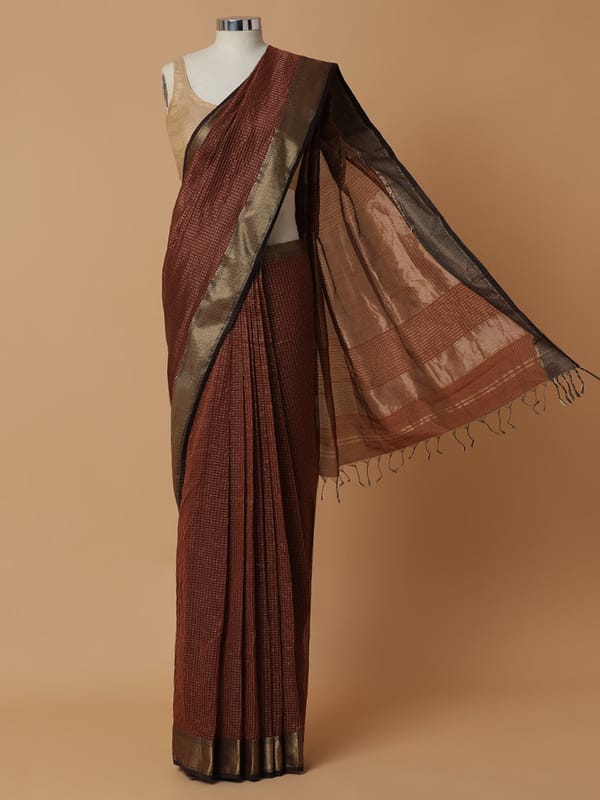 Maheshwari Cotton Silk Brown Pin Check Zari — BINKS